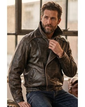 Infinity Leather Cow Biker Blouson Jacket - Brown
