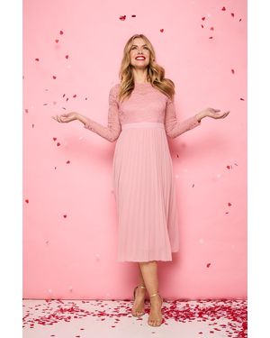 Izabel London Lace Trim Pleated Long Sleeve Midi Dress - Pink