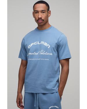 BoohooMAN Regular Fit Flocked Ofclaman Text T-Shirt - Blue
