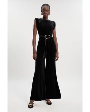 Karen Millen Stretch Velvet Strong Shoulder Jumpsuit - Black
