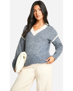 Boohoo Maternity Soft Knit Contrast Detail Knitted V Neck Jumper - Blue