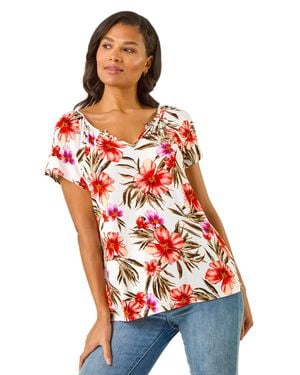 Roman Floral Print Notch Neck Stretch Top - Red