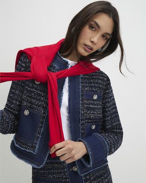 River Island Denim Jacket Boucle Fabric Collarless - Blue
