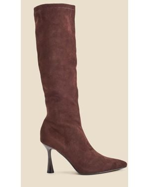 Sosandar Dark Faux Suede Knee High Flared Heel Boots - Brown