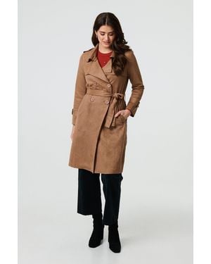 Izabel London Suede Tie Waist Button Front Trench Coat - Brown