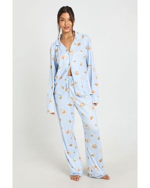 Boohoo Breakfast Print Piping Detail Long Sleeve & Trouser Pyjama Set - Blue