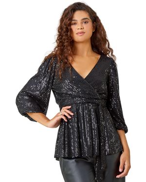 Roman Embellished Sequin Stretch Wrap Top - Black
