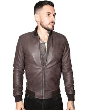 Infinity Leather Retro Varsity Bomber Jacket-Pretoria - Brown
