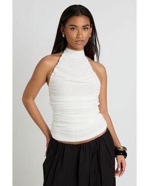 Boohoo Slinky Mesh Ruched Halterneck Top - White