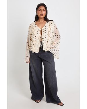 Boohoo Plus Polka Dot Chiffon Ruffle Tie Front Blouse - Blue