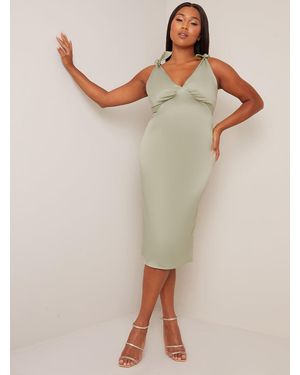 Chi Chi London V Neck Tie Shoulder Midi Dress - Brown