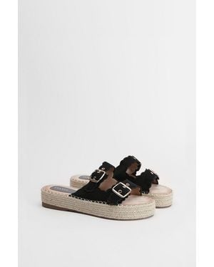 Oasis Bridget Faux Suede Scallop Detail Buckle Footbed Sandals - Black