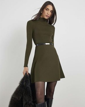 River Island Mini Dress Knitted Belted - Green