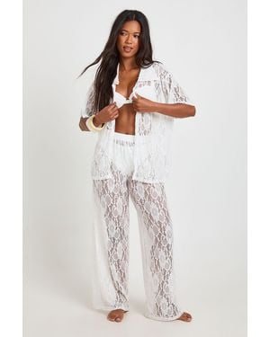 Boohoo Lace Short Sleeve Beach Shirt And Wide Leg Trousers Co-Ord - White