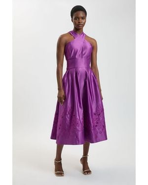 Karen Millen Tailored Satin Cutwork Halter Midi Dress - Purple