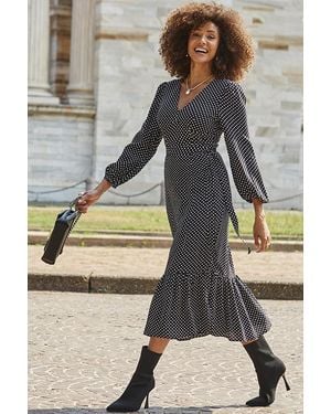 Sosandar Spot Print Belted Midi Dress - Grey