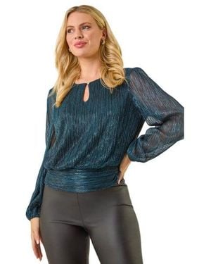 Roman Petite Crinkle Keyhole Shimmer Top - Blue