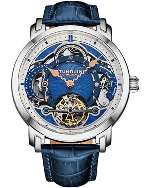 Stuhrling Celestial Timekeeper 1017 Dual Time Automatic Skeleton Watch - Blue