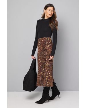Wallis Animal Print Mesh Ruched Midi Skirt - Grey