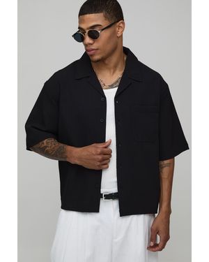 BoohooMAN Oversized Boxy Revere Half Sleeve Rope Pattern Shirt - Black