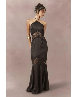 Boohoo Satin & Lace Strappy Halterneck Maxi Slip Dress - Black