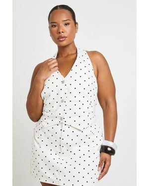 Boohoo Plus Polka Dot Denim Halterneck Top - White
