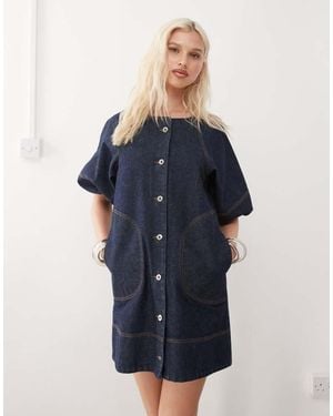 Collusion Denim Shirt Dress With Puff Sleeves - Blue