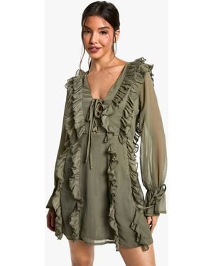 Boohoo Crinkle Chiffon Ruffle Shift Dress - Green