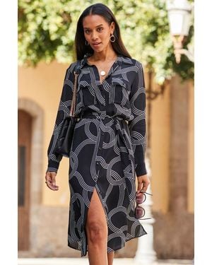 Sosandar Geometric Chain Print Belted Shirt Dress - Black