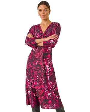 Roman Zebra Print Twist Front Midi Dress - Red