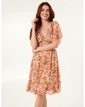 Blue Vanilla V Neck Shirred Waist Mini Dress - Orange