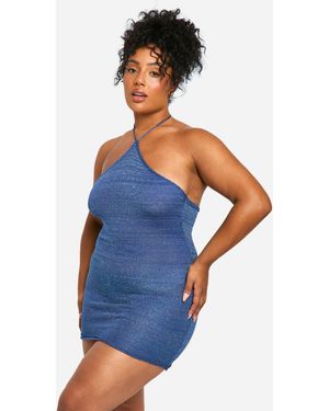 Boohoo Plus Glitter Knitted High Neck Mini Dress - Blue