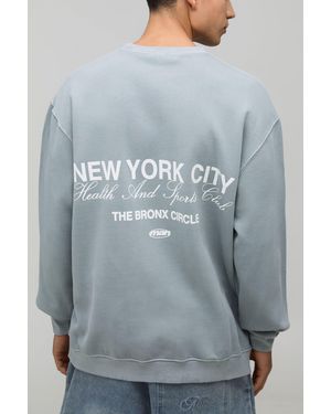 BoohooMAN Washed Oversized New York Print Sweatshirt - Grey