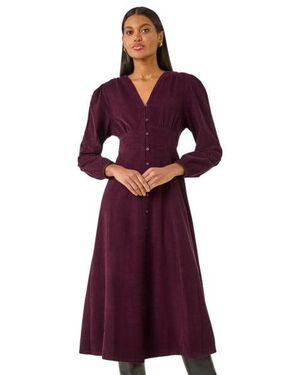 Roman Corduroy Button Through Midi Dress - Purple