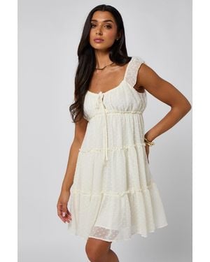 Urban Bliss Dobby Tiered Ruched Mini Dress With Ruffles - White
