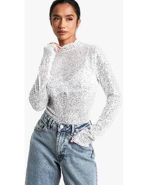 Boohoo Petite Sequin High Neck Long Sleeved Top - White