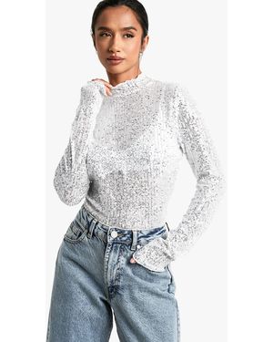 Boohoo Petite Sequin High Neck Long Sleeved Top - White
