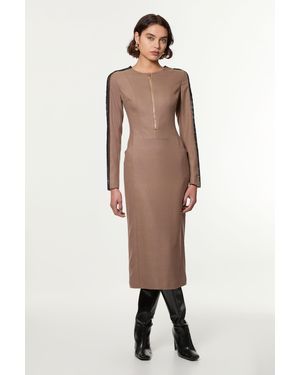 Karen Millen Tall Tailored Twill Lace Mix Zip Front Midi Dress - Natural