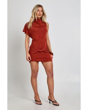 Boohoo Acetate Slinky One Sleeve Knot Front Mini Dress - Red