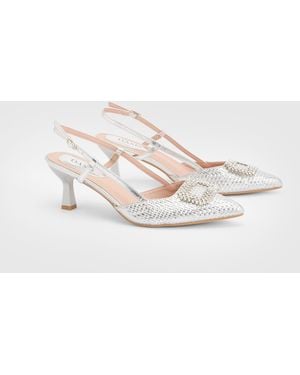 Oasis Layla Faux Leather Woven Embellished Square Trim Point Kitten Heel Court Shoes - Metallic