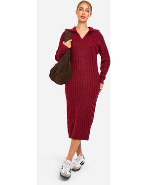 Boohoo Soft Knit Thick Rib Collar Detail Midaxi Dress - Red