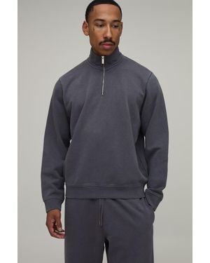 BoohooMAN Regular Fit Premium 480Gsm 1/4 Zip Funnel Neck Washed Sweatshirt - Blue