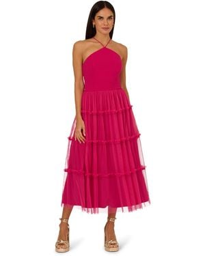 Adrianna Papell Knit And Mesh Halter Dress - Red