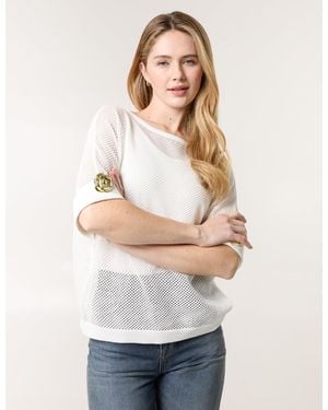 Blue Vanilla Crochet Flower Brooch Detailed Top - White