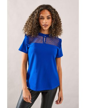 Wallis Lace Trim Ruffle Neck Top - Blue