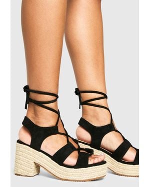 Boohoo Metallic Wrap Around Tie Leg Flatform Sandal - Black