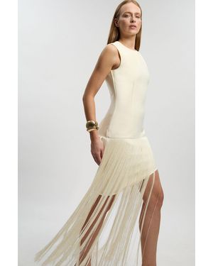 Karen Millen Petite Figure Form Bandage Tassel Hem Knitted Dress - Natural