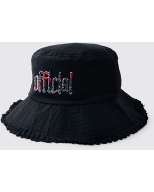 BoohooMAN Bucket Hat With Distressed Edge Brim & Tapestry Applique - Black