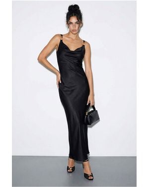 Bianco Lucci Sleeveless Satin Maxi Slip Dress With Cowl Neck And Accessory Detail - Black