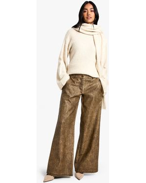 Boohoo Low Rise Washed Leather Look Wide Leg Trouser - Natural